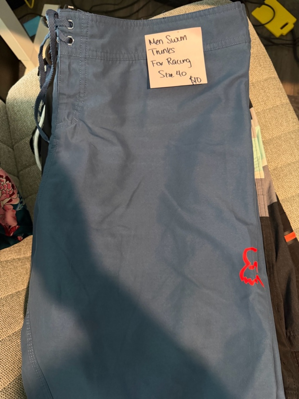 Classic Blue Men's Swim Trunks with Red Logo